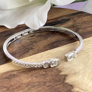 NEW Rhodium Pave CZ Baguette and Hearts Open Bangle